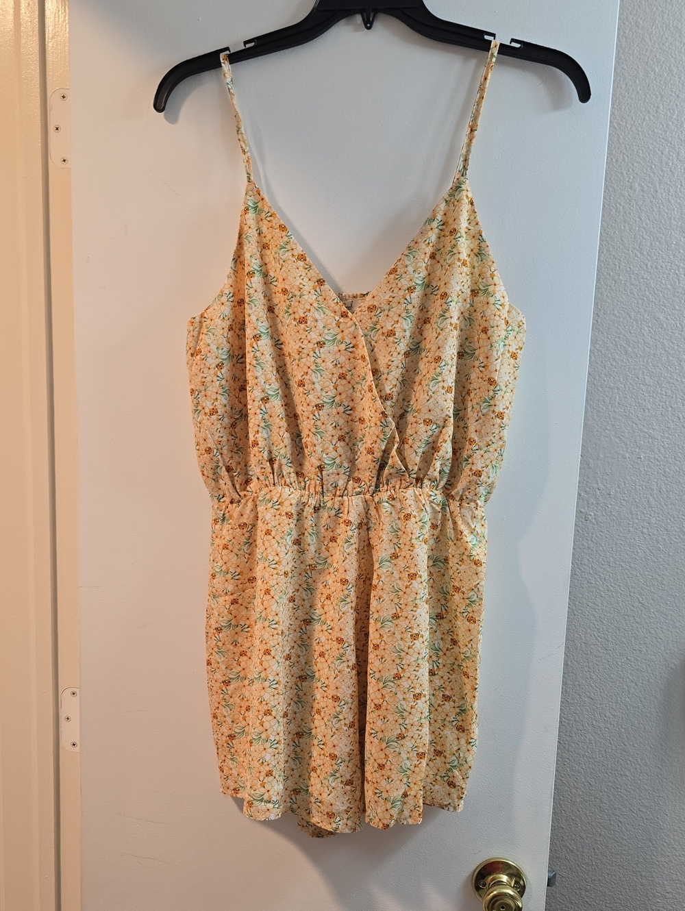 165 Easel Women's Yellow & Orange Floral Romper with V-Neck and Elastic Waist